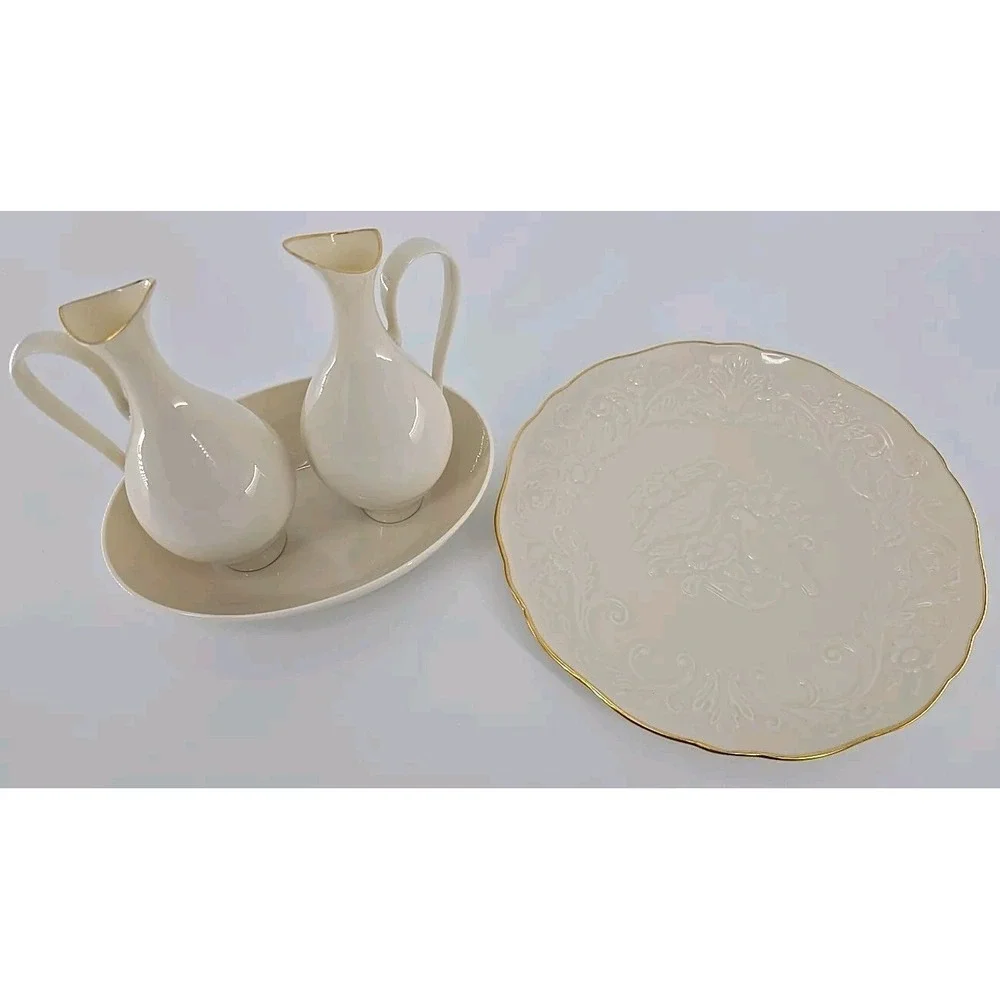 2 LENOX Sleek Creamy W/Gold Trim Pitchers In Bowl +Floral Bird Anniversary Plate